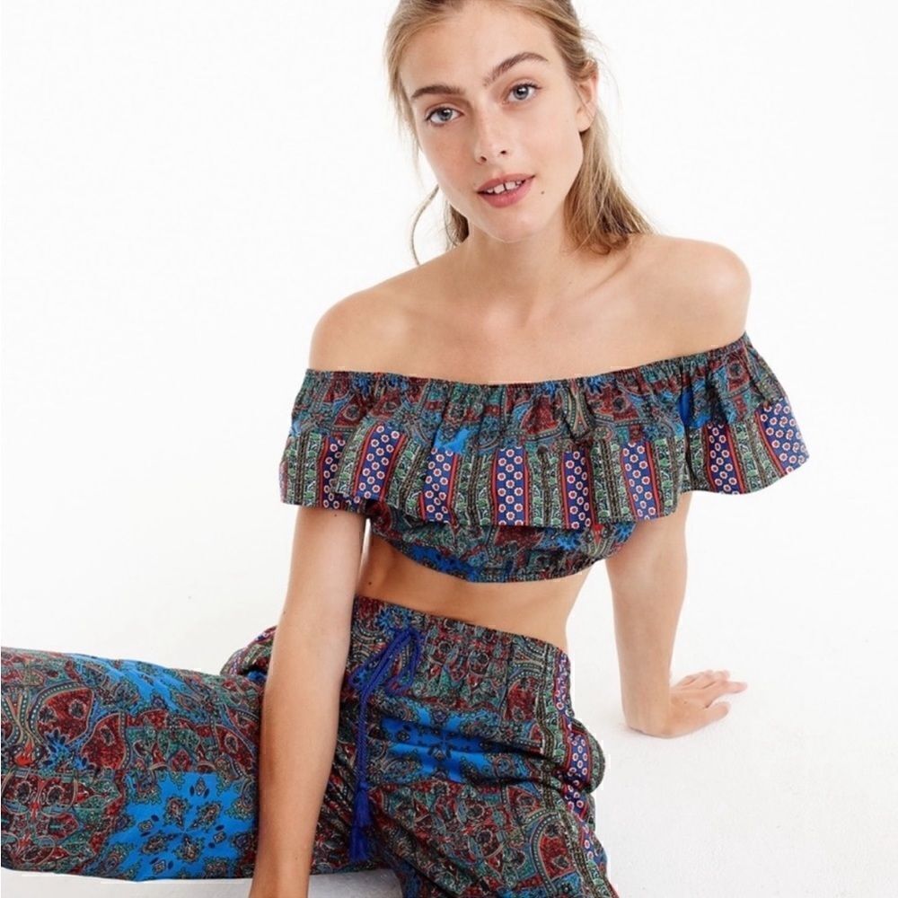J. CREW Paisley Print Ruffle Crop Top Blue Red Women’s Size Small H2346
